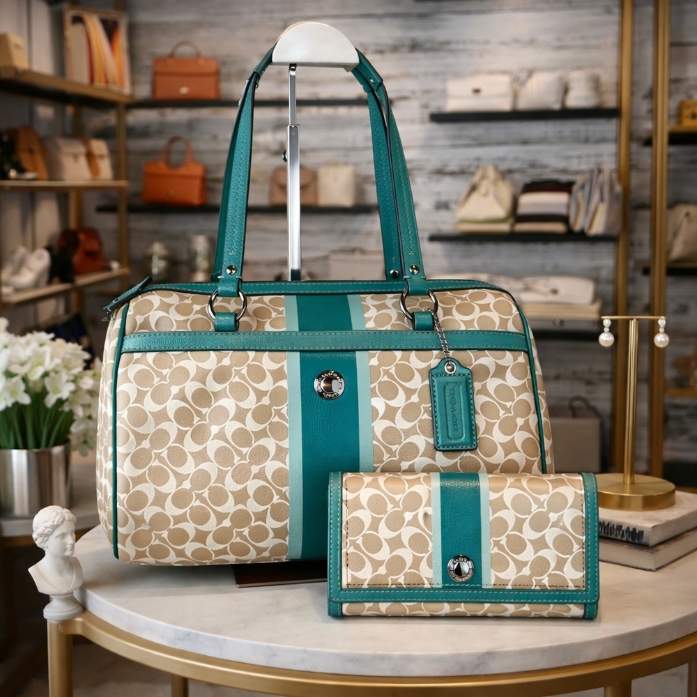 Coach Chelsea Heritage Signature‎ bag set teal Green Tan Cream Purse Satchel